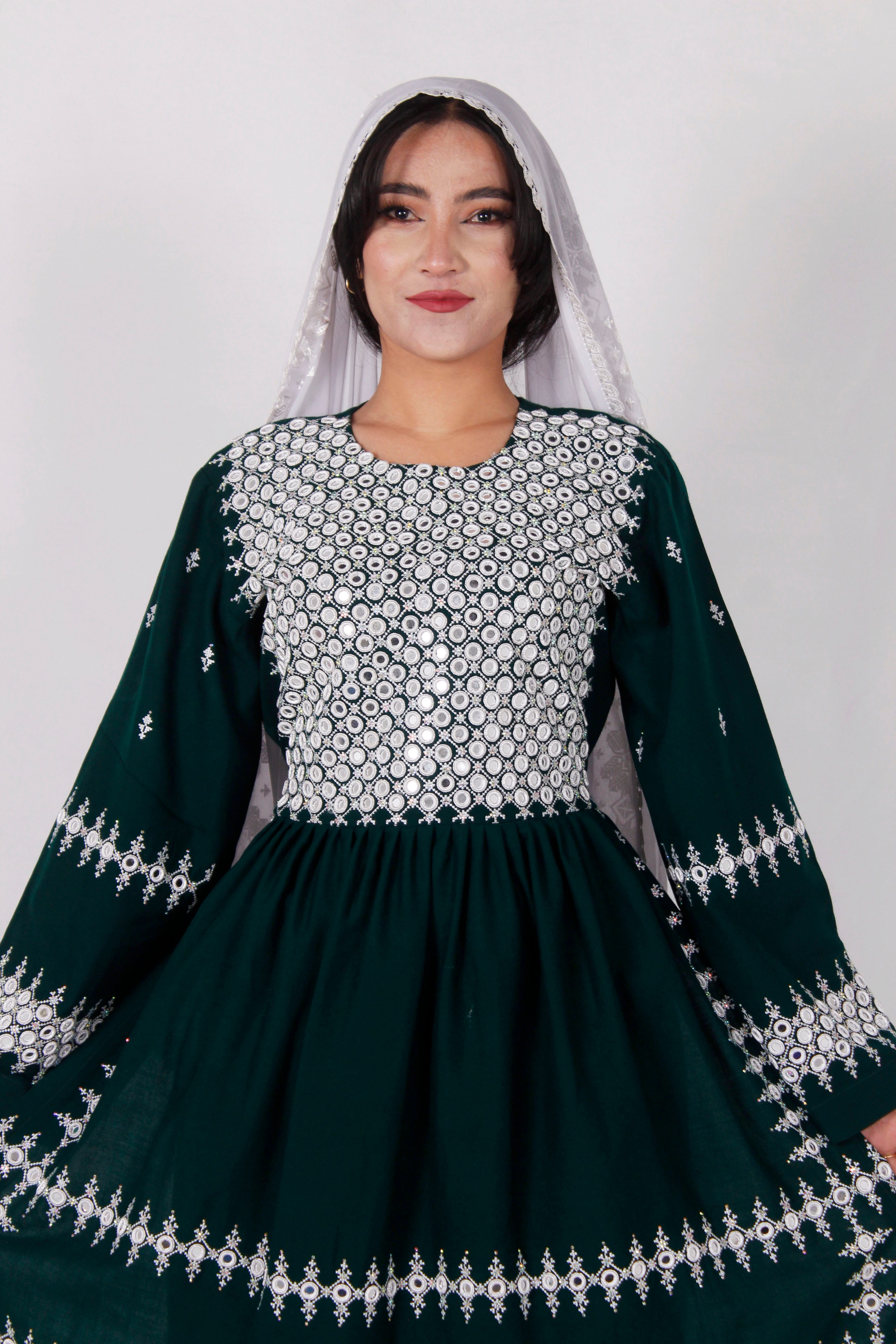 Green Cotton Dress Embroidery, Hand Mirror Work & Shawl