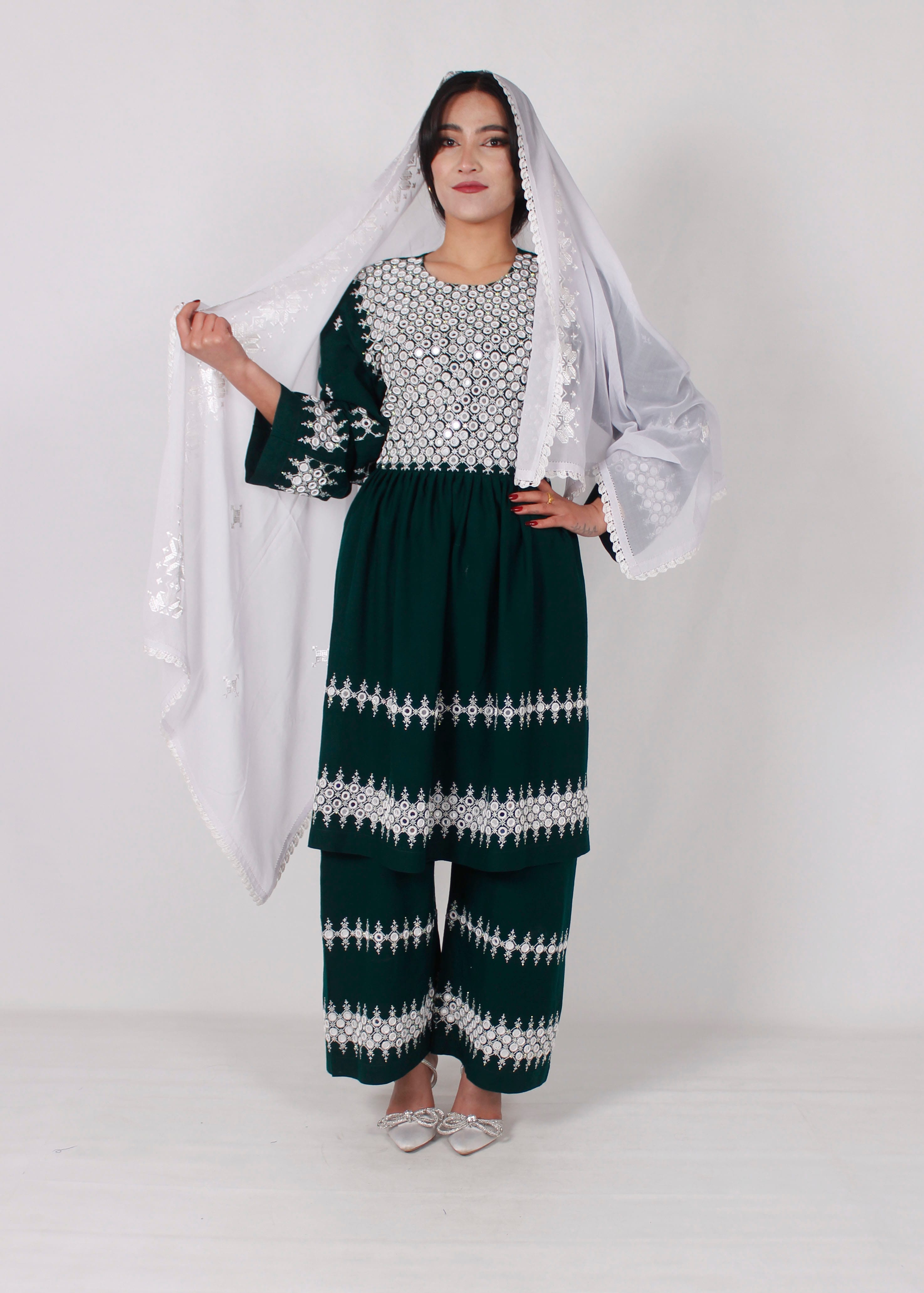 Green Cotton Dress Embroidery, Hand Mirror Work & Shawl