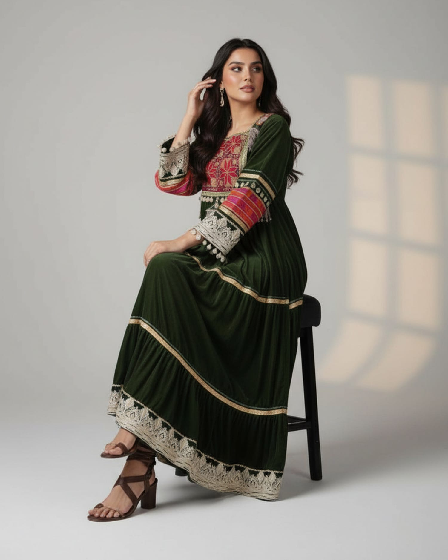 Afghan Bridal Gandi Dress Dark Forest Green