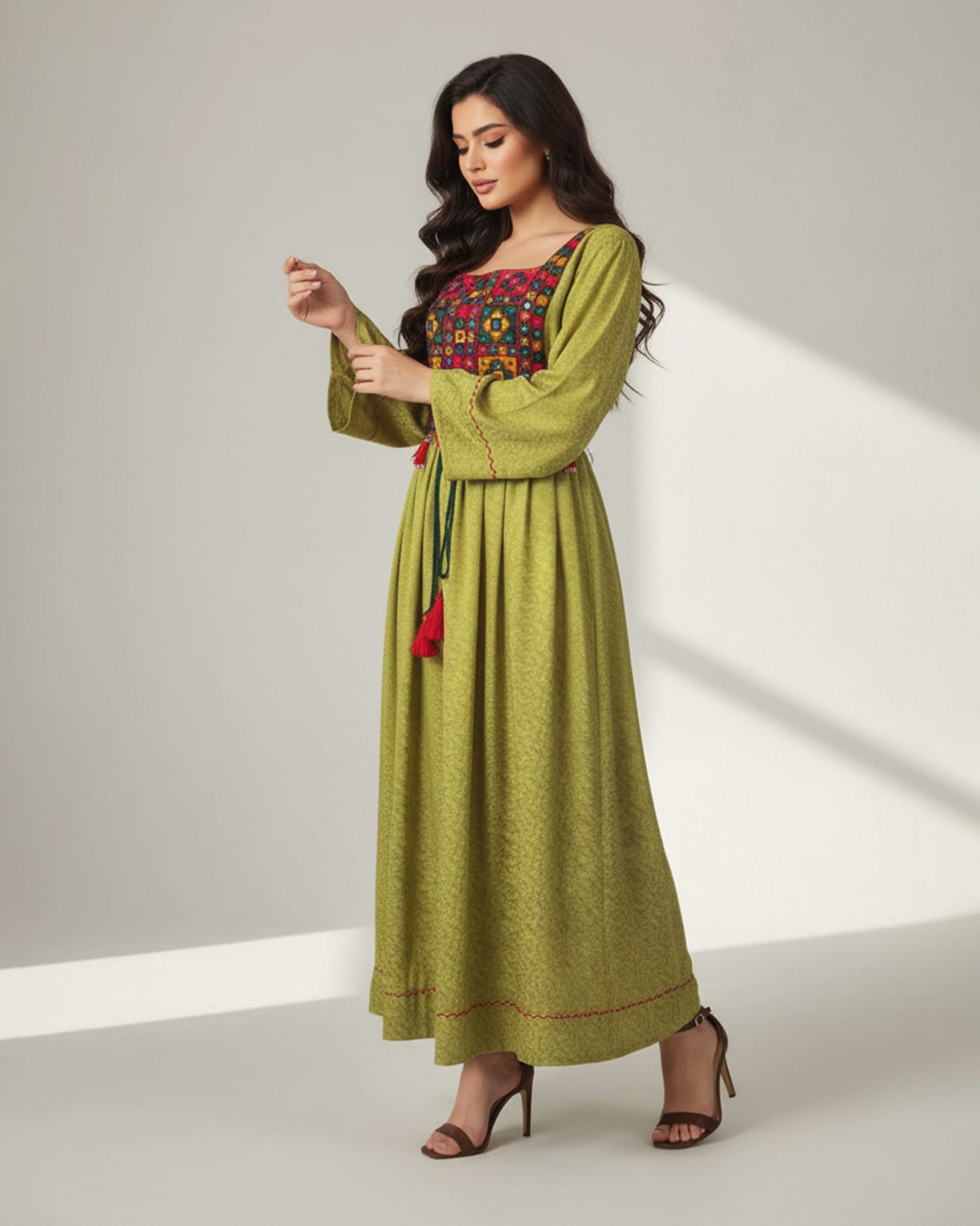 Authentic Afghan Green Dress with Stunning Floral Embroidery