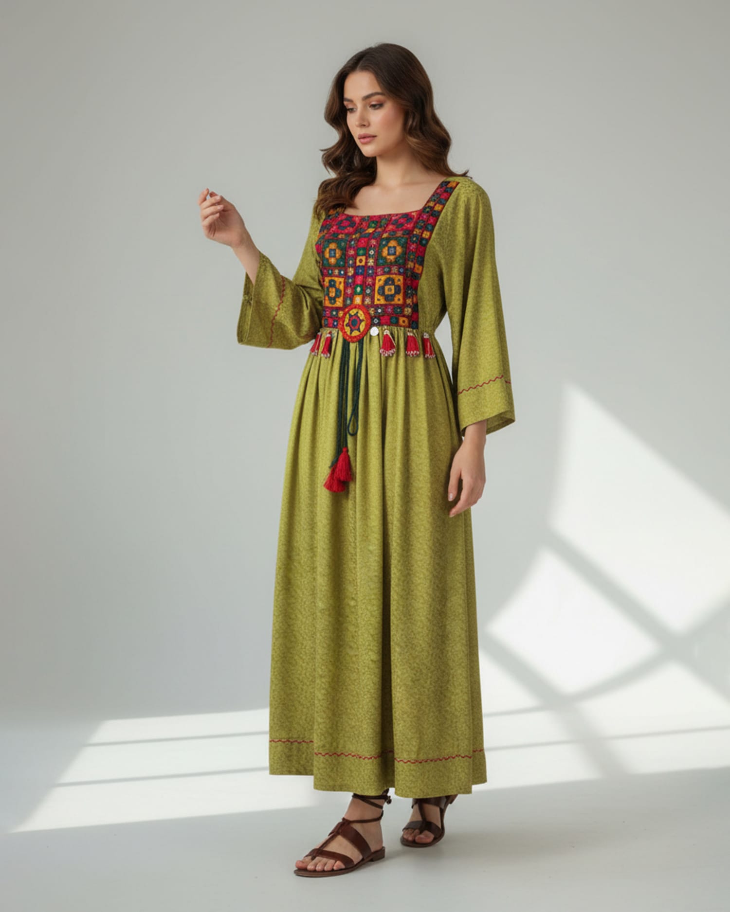 Authentic Afghan Green Dress with Stunning Floral Embroidery