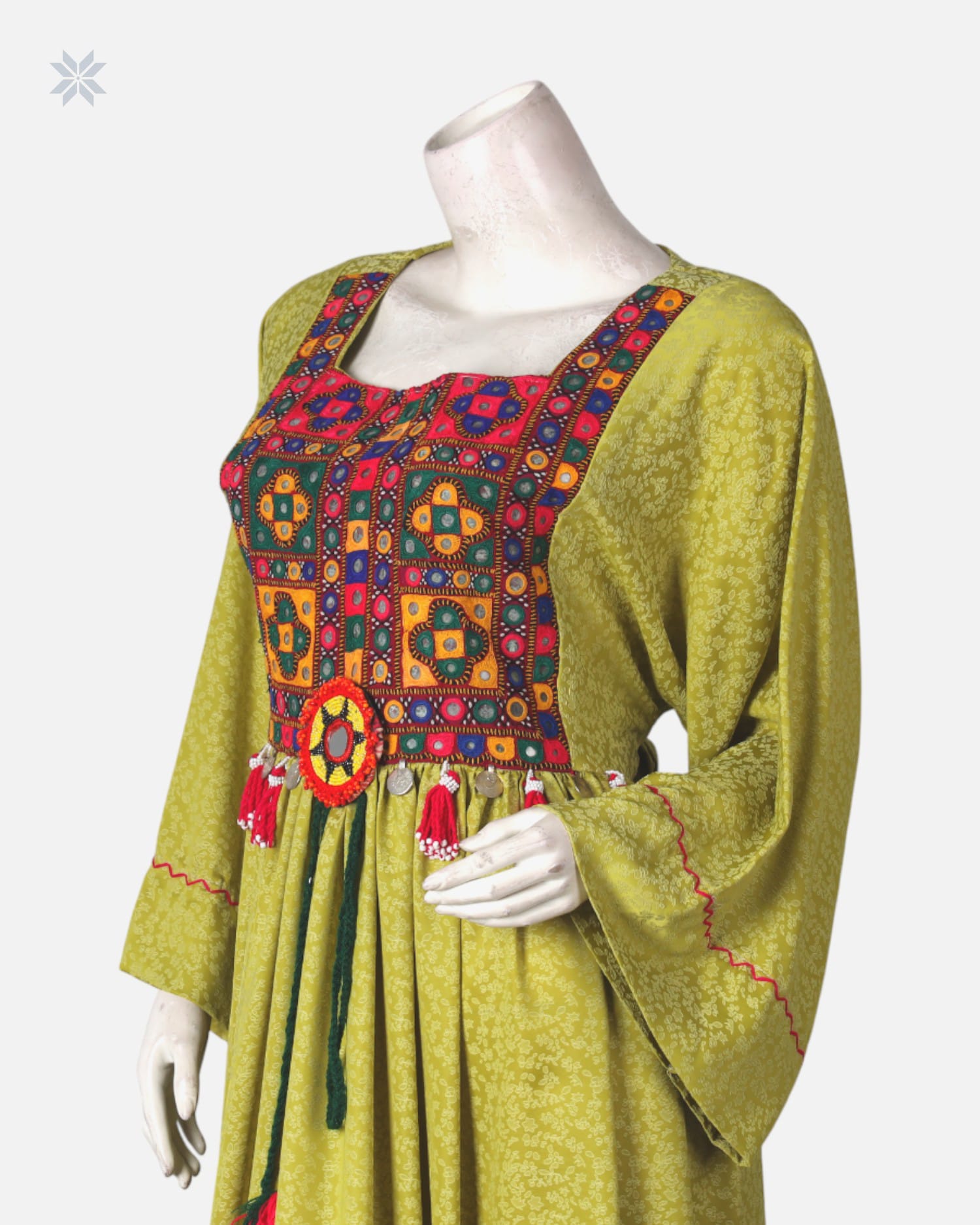 Authentic Afghan Green Dress with Stunning Floral Embroidery