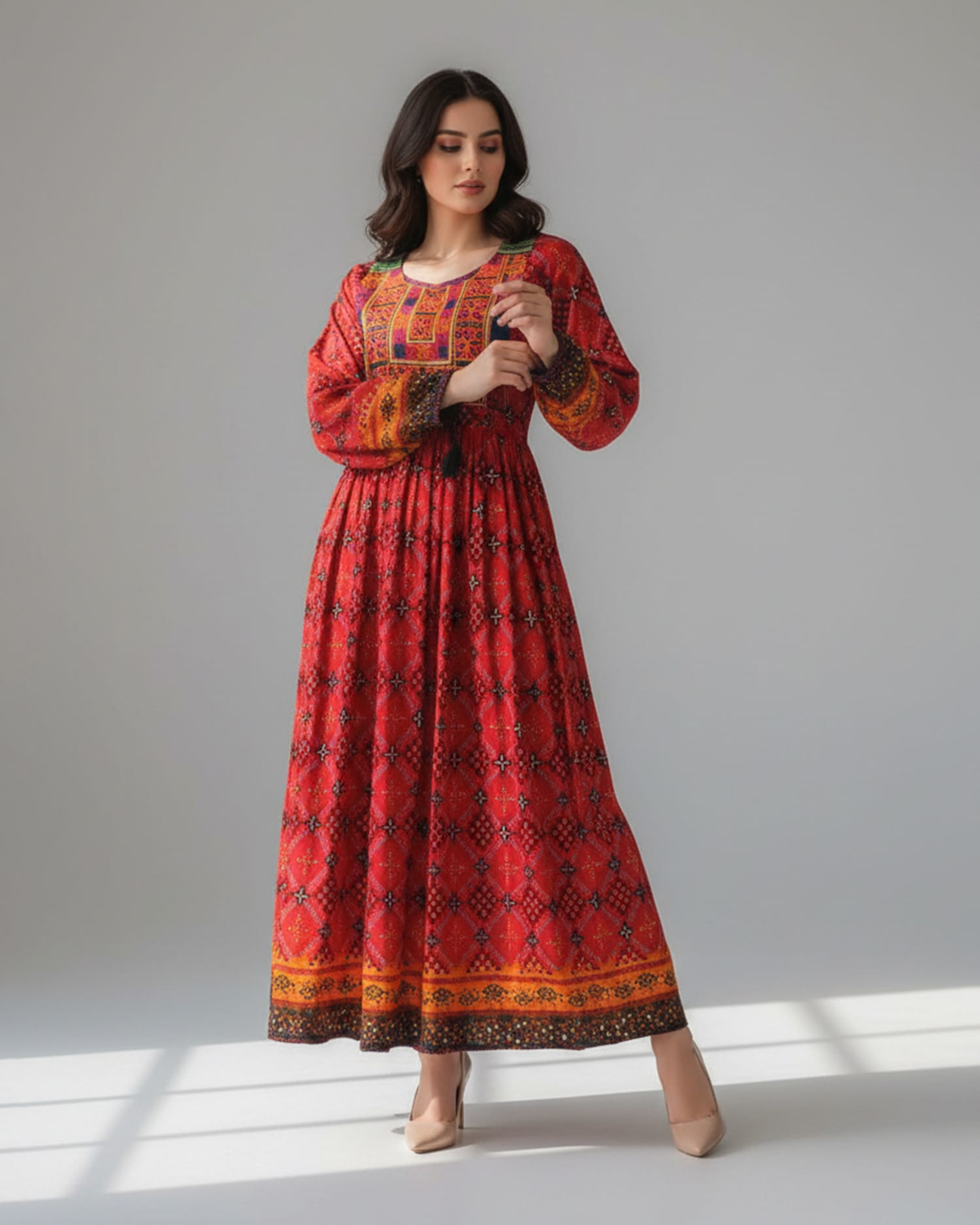 Handmade Embroidered Dress in Red and Orange