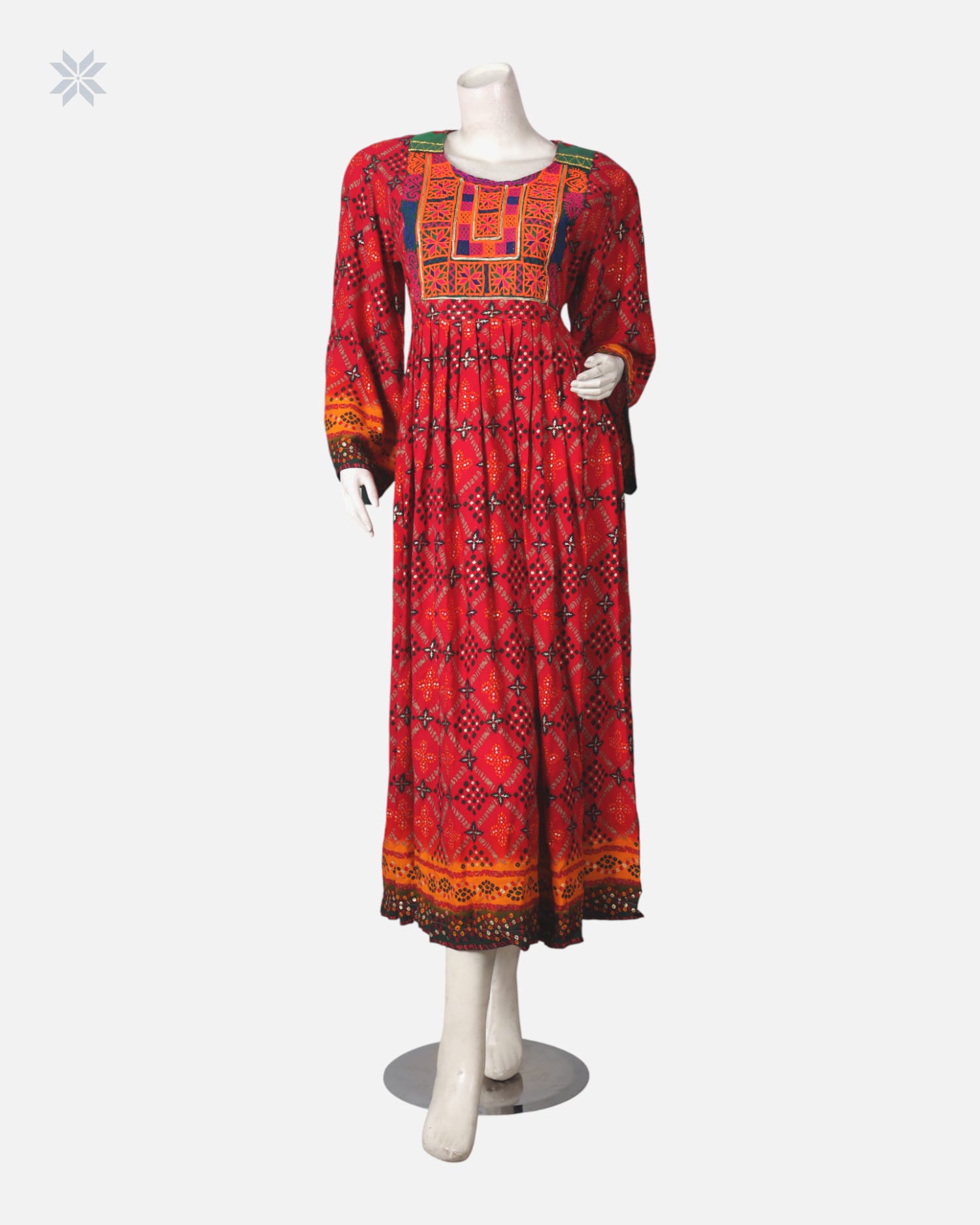 Handmade Embroidered Dress in Red and Orange