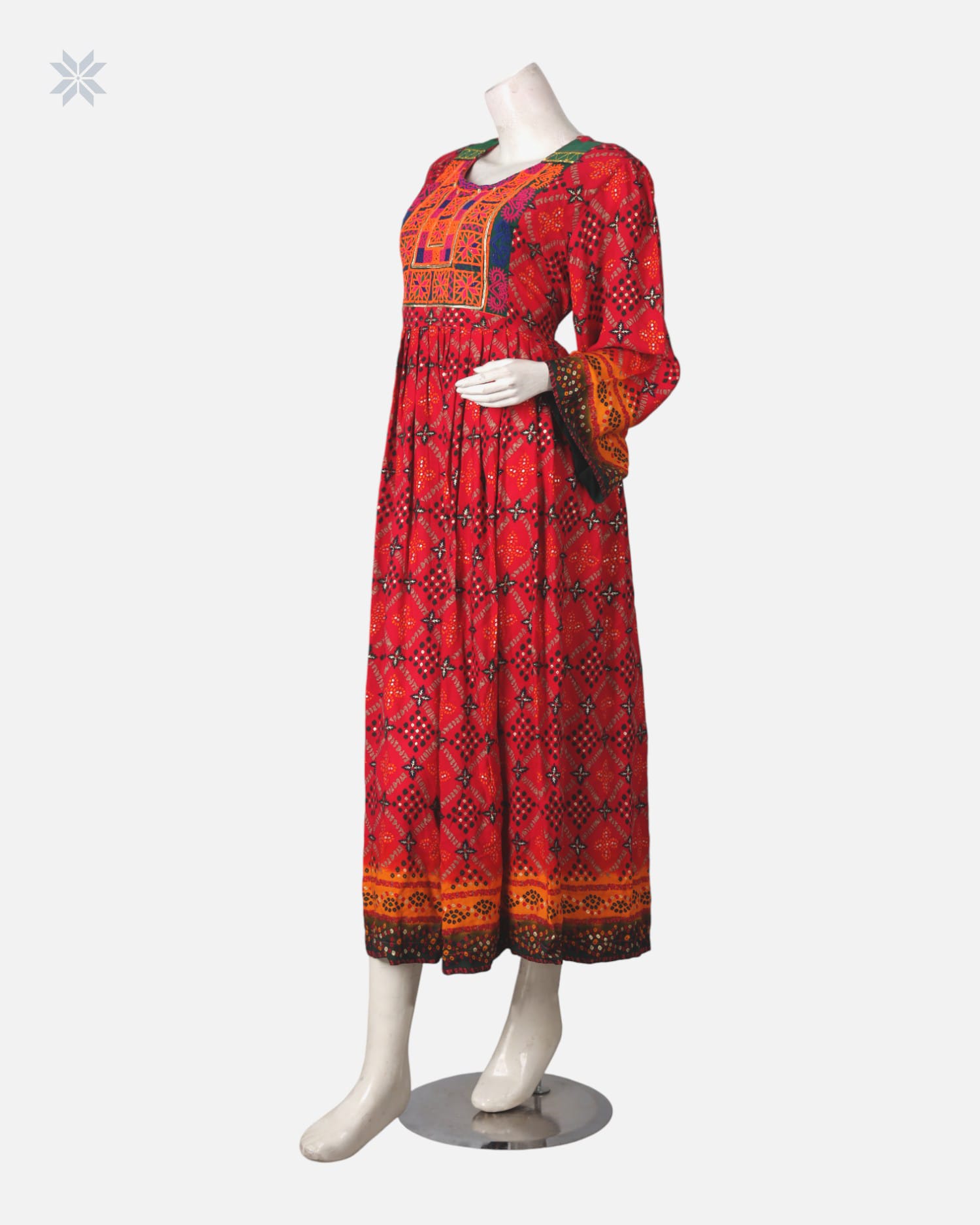 Handmade Embroidered Dress in Red and Orange