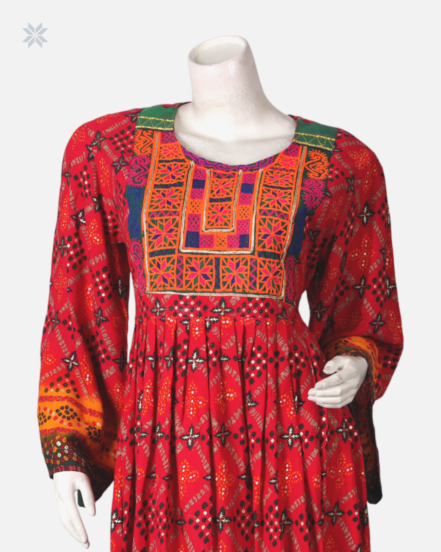 Handmade Embroidered Dress in Red and Orange