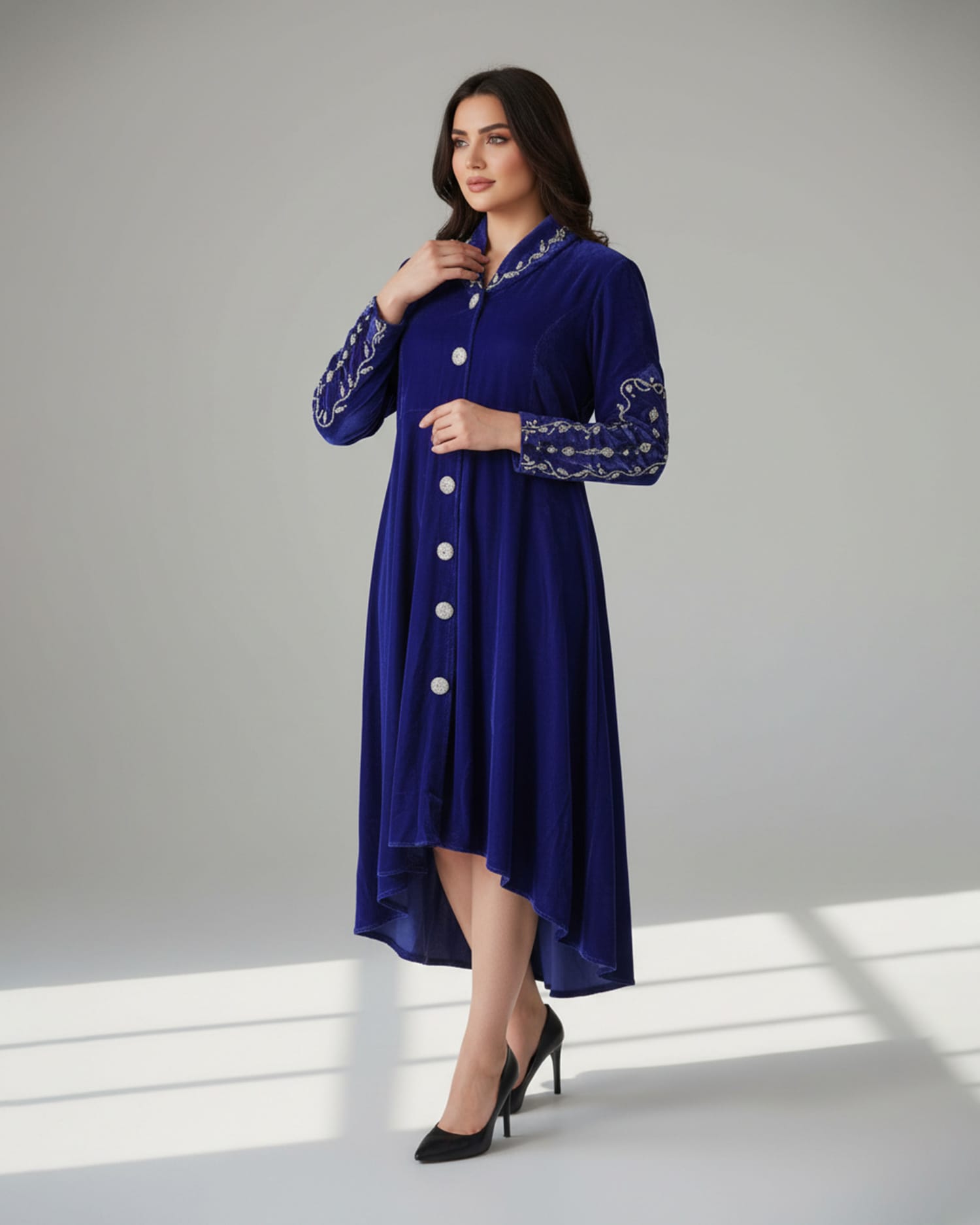 Silk Velvet Party Dress with Hand-Embroidered Mori and Yakhk Design