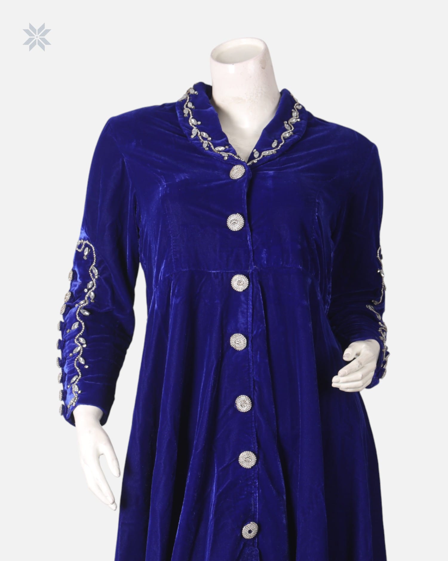 Silk Velvet Party Dress with Hand-Embroidered Mori and Yakhk Design