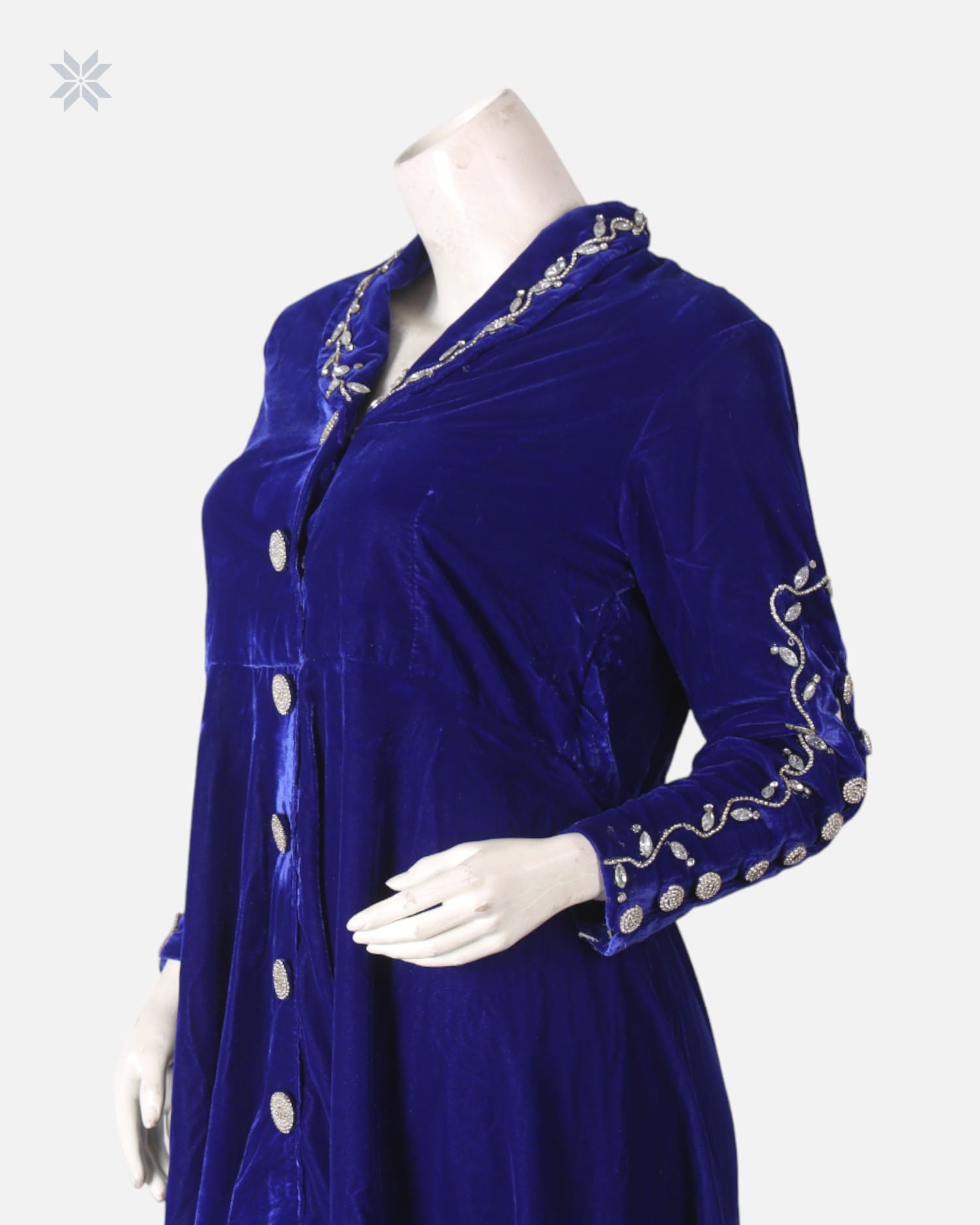 Silk Velvet Party Dress with Hand-Embroidered Mori and Yakhk Design