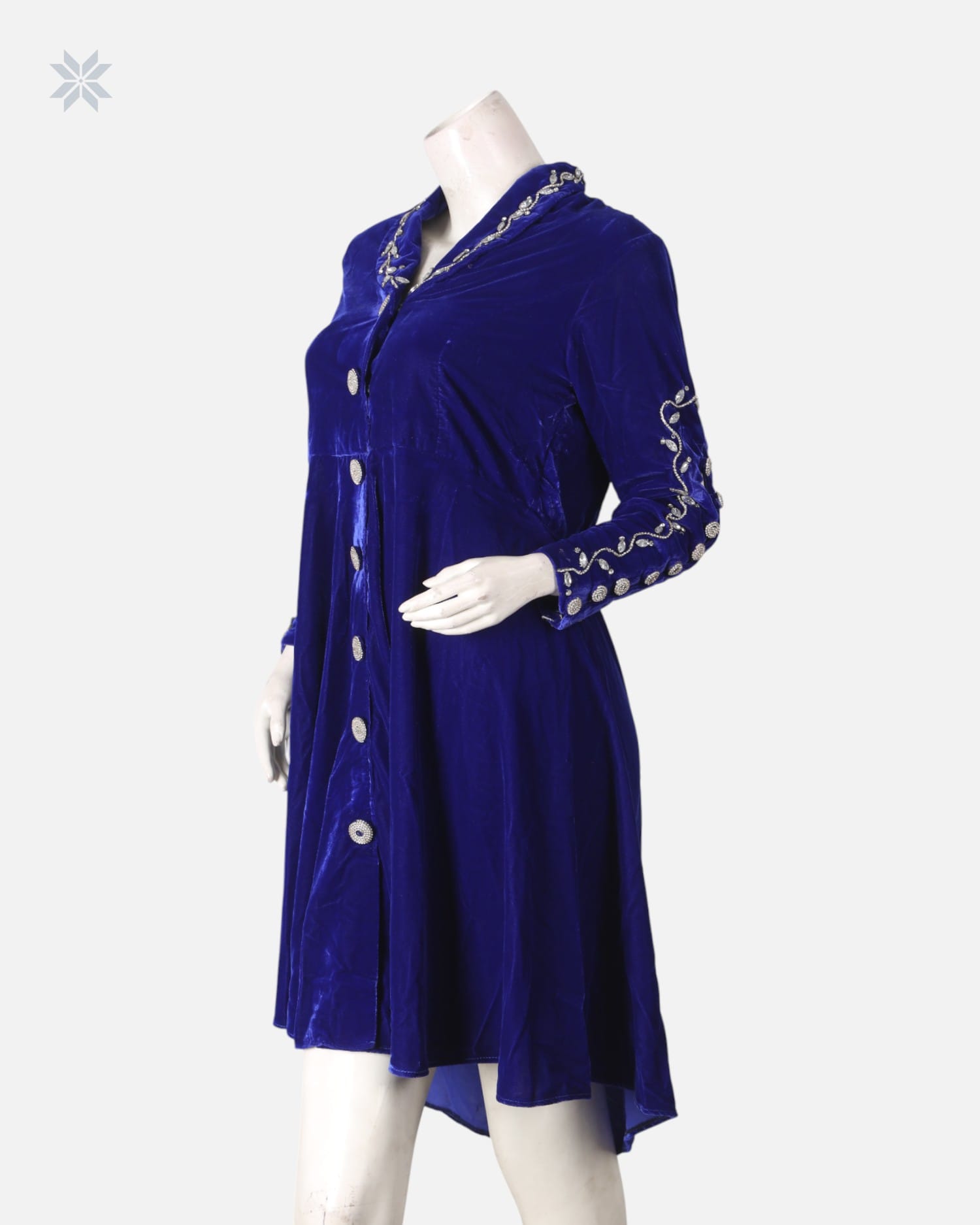 Silk Velvet Party Dress with Hand-Embroidered Mori and Yakhk Design