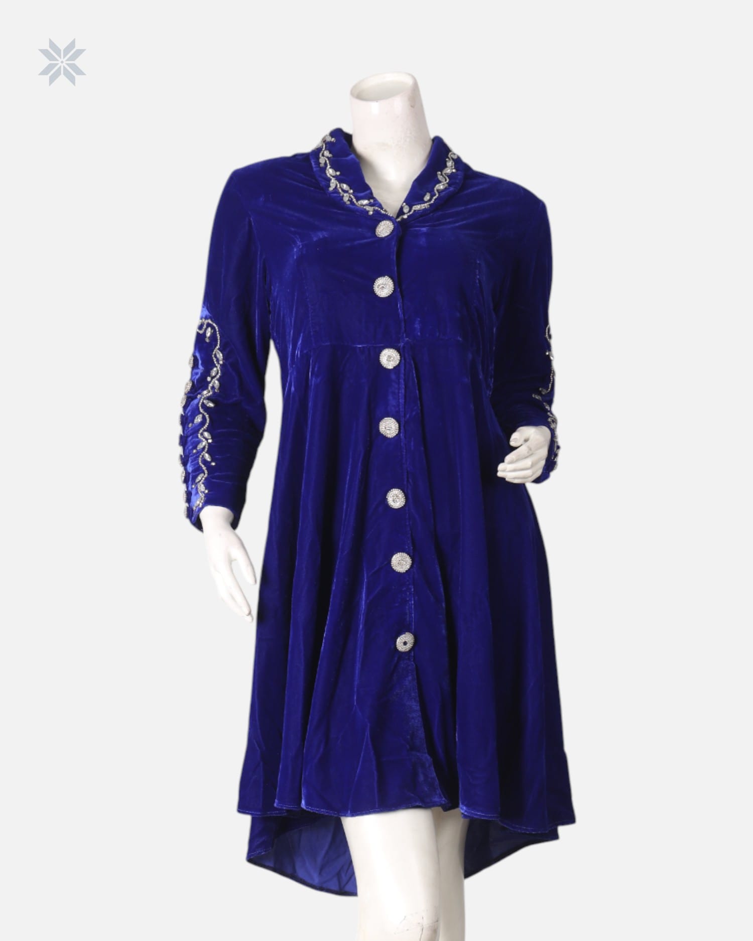 Silk Velvet Party Dress with Hand-Embroidered Mori and Yakhk Design