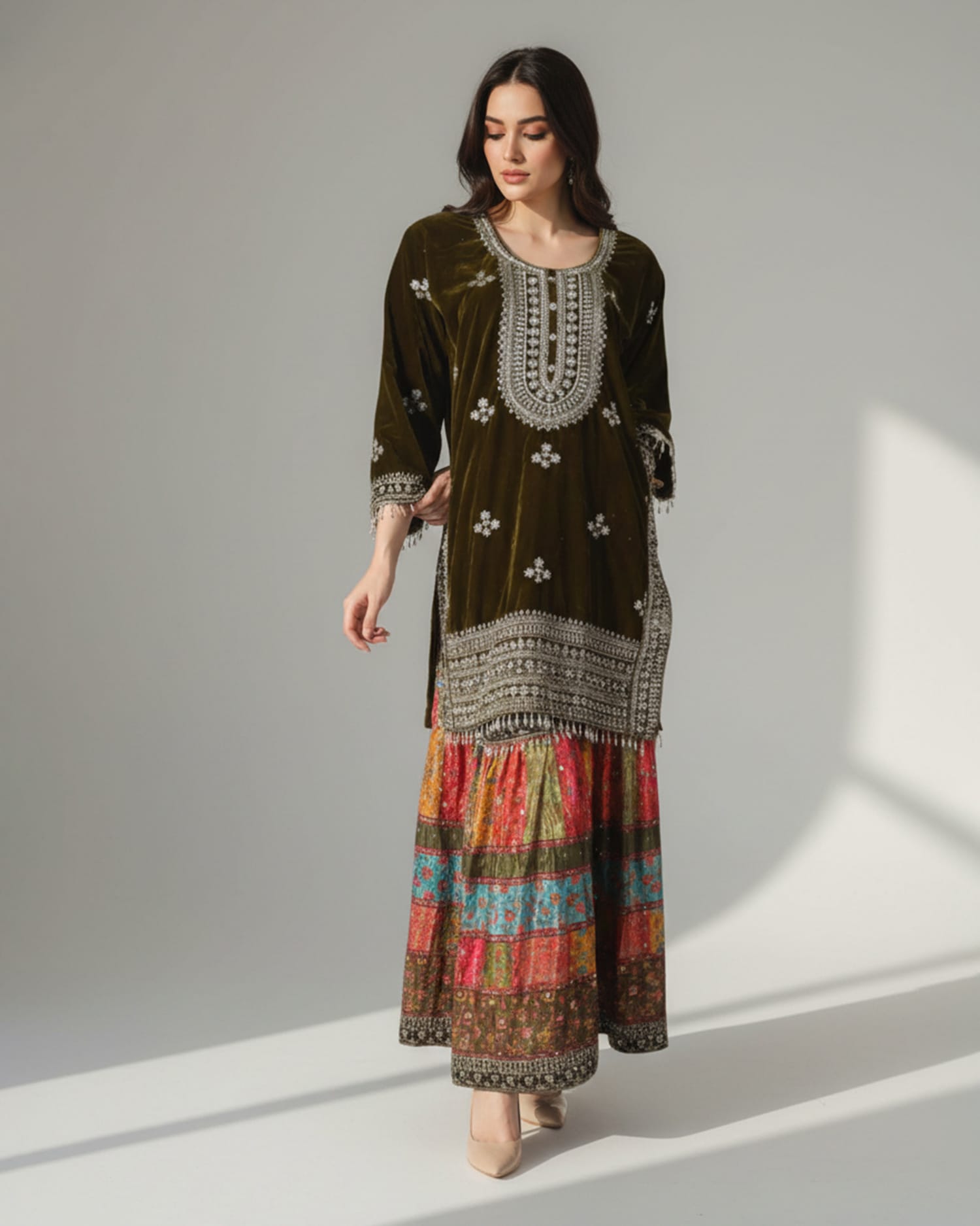 Afghan Punjabi Dress with Pearl and Bead Hand-Embroidery