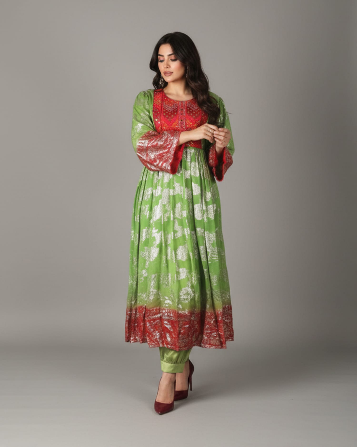 Traditional Green & Red Floral Dress