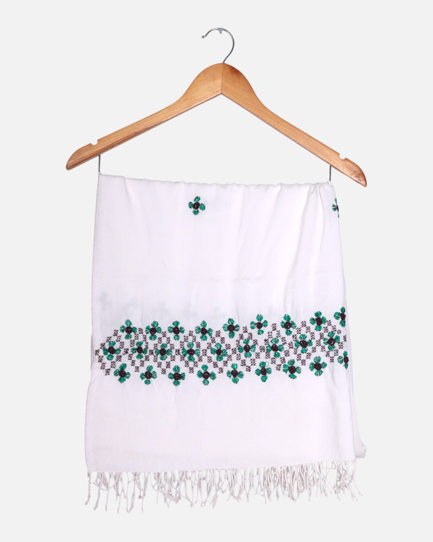 White Cotton Afghan Scarf with Green Embroidery