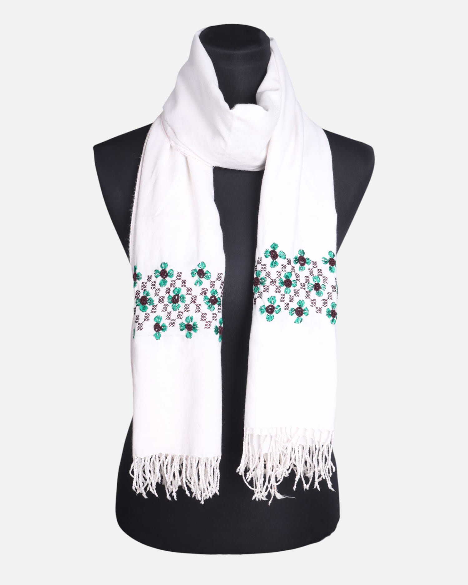 White Cotton Afghan Scarf with Green Embroidery