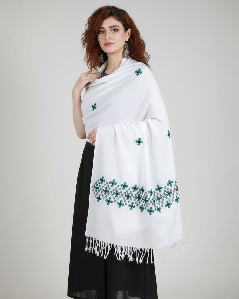 White Cotton Afghan Scarf with Green Embroidery