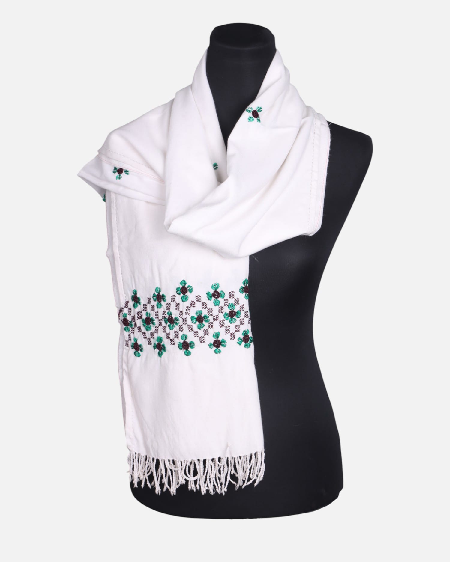 White Cotton Afghan Scarf with Green Embroidery