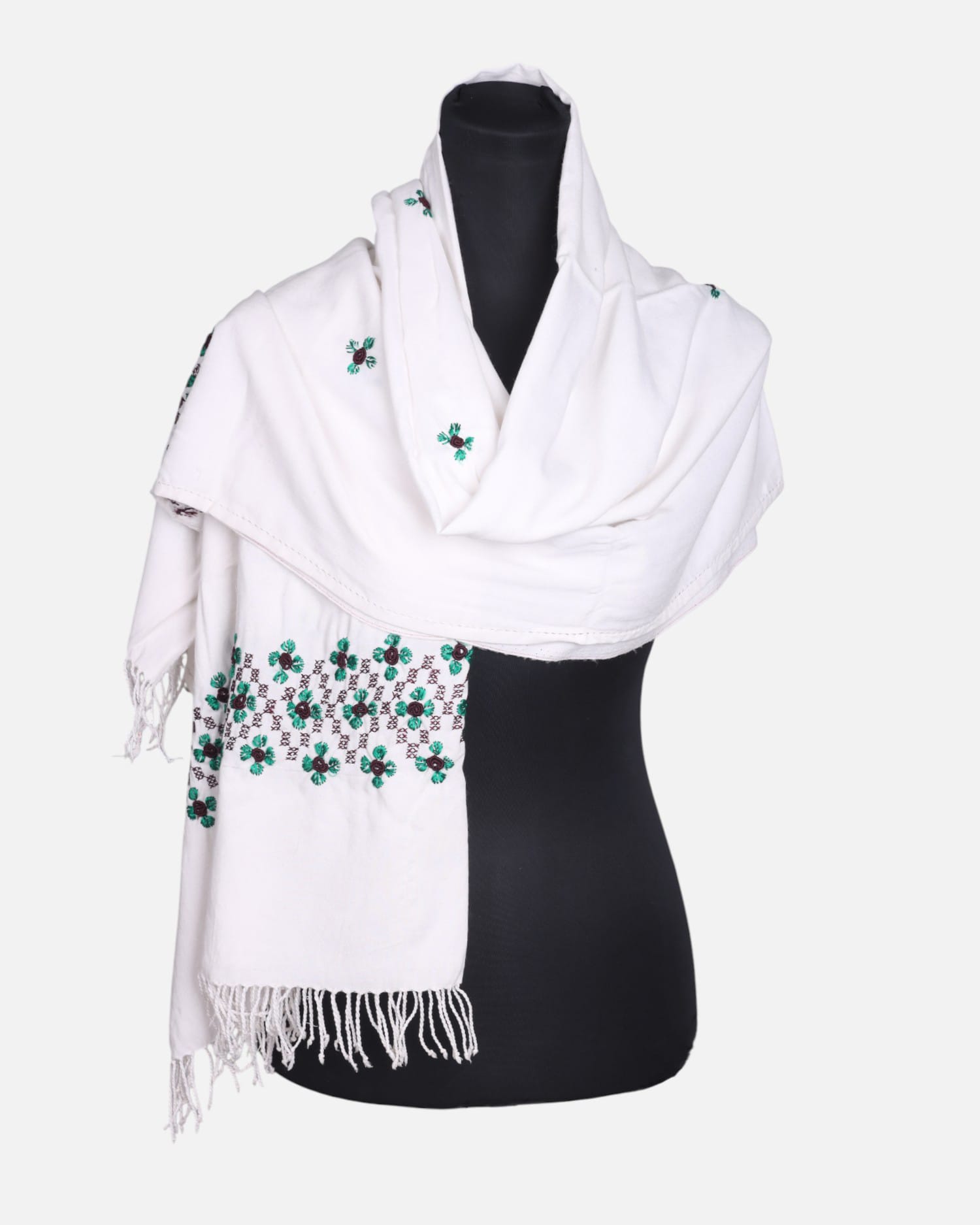White Cotton Afghan Scarf with Green Embroidery