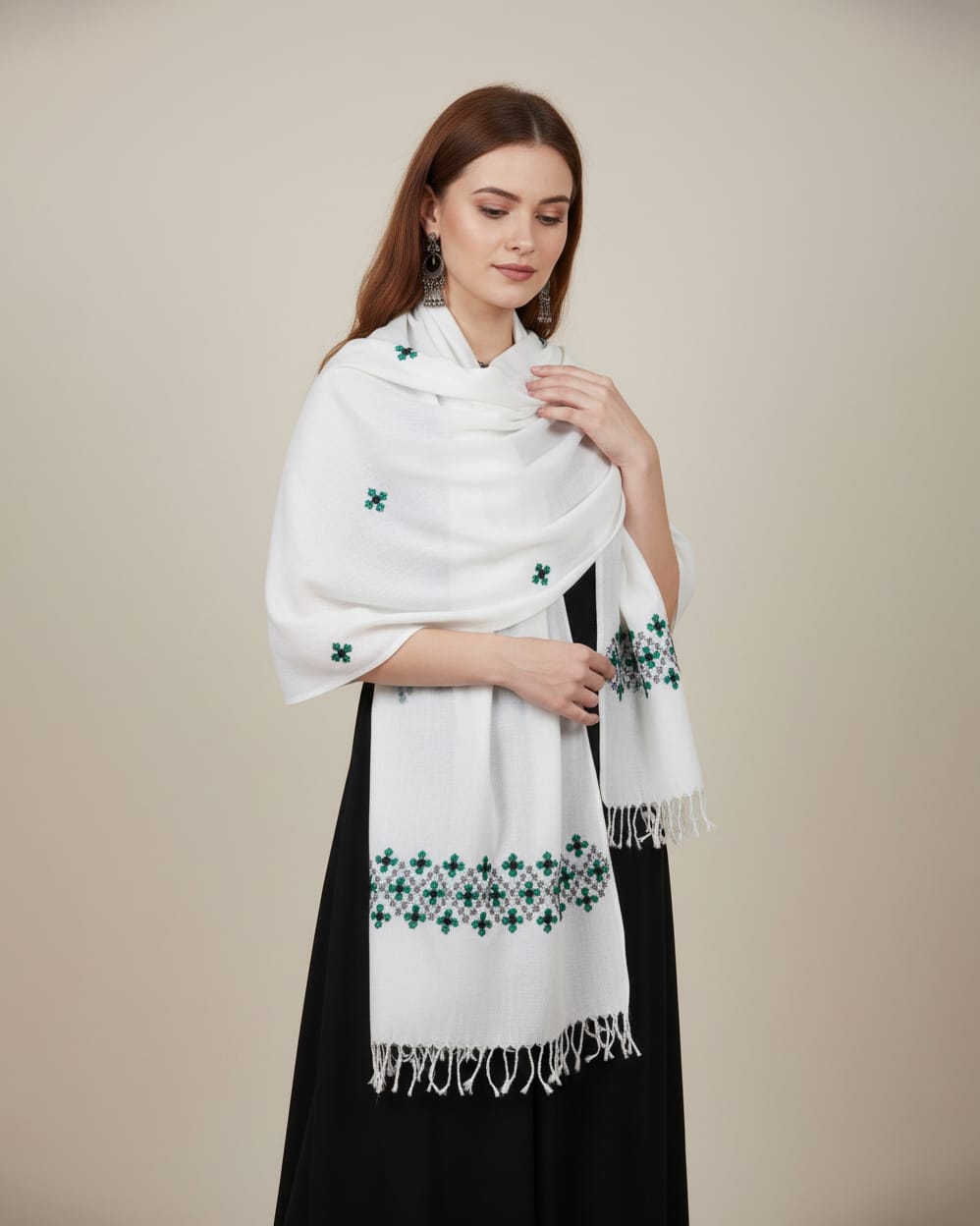 White Cotton Afghan Scarf with Green Embroidery