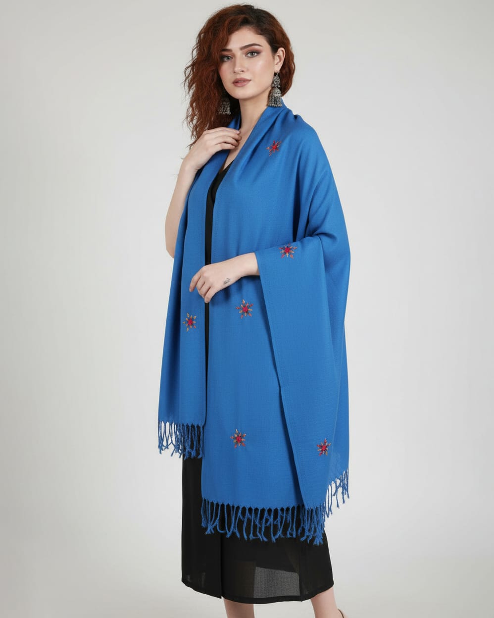 Hand-Embroidered Afghan Scarf – Single Flower Design