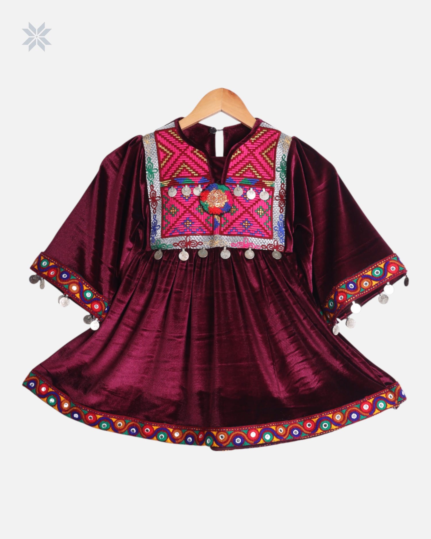 Red Afghan Velvet Dress for Kids with Embroidery