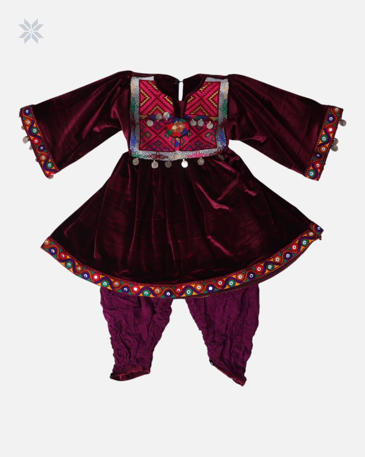 Red Afghan Velvet Dress for Kids with Embroidery