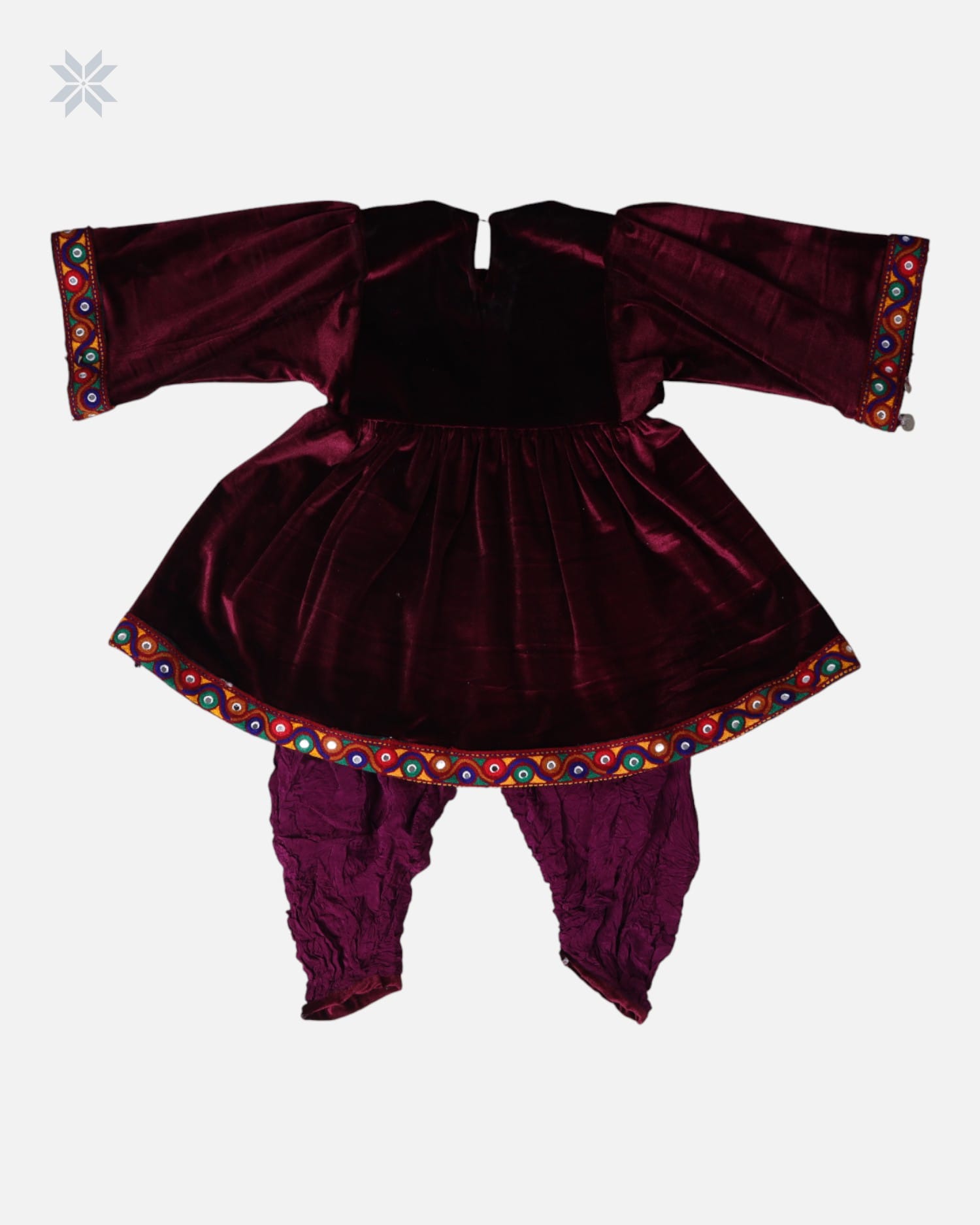 Red Afghan Velvet Dress for Kids with Embroidery