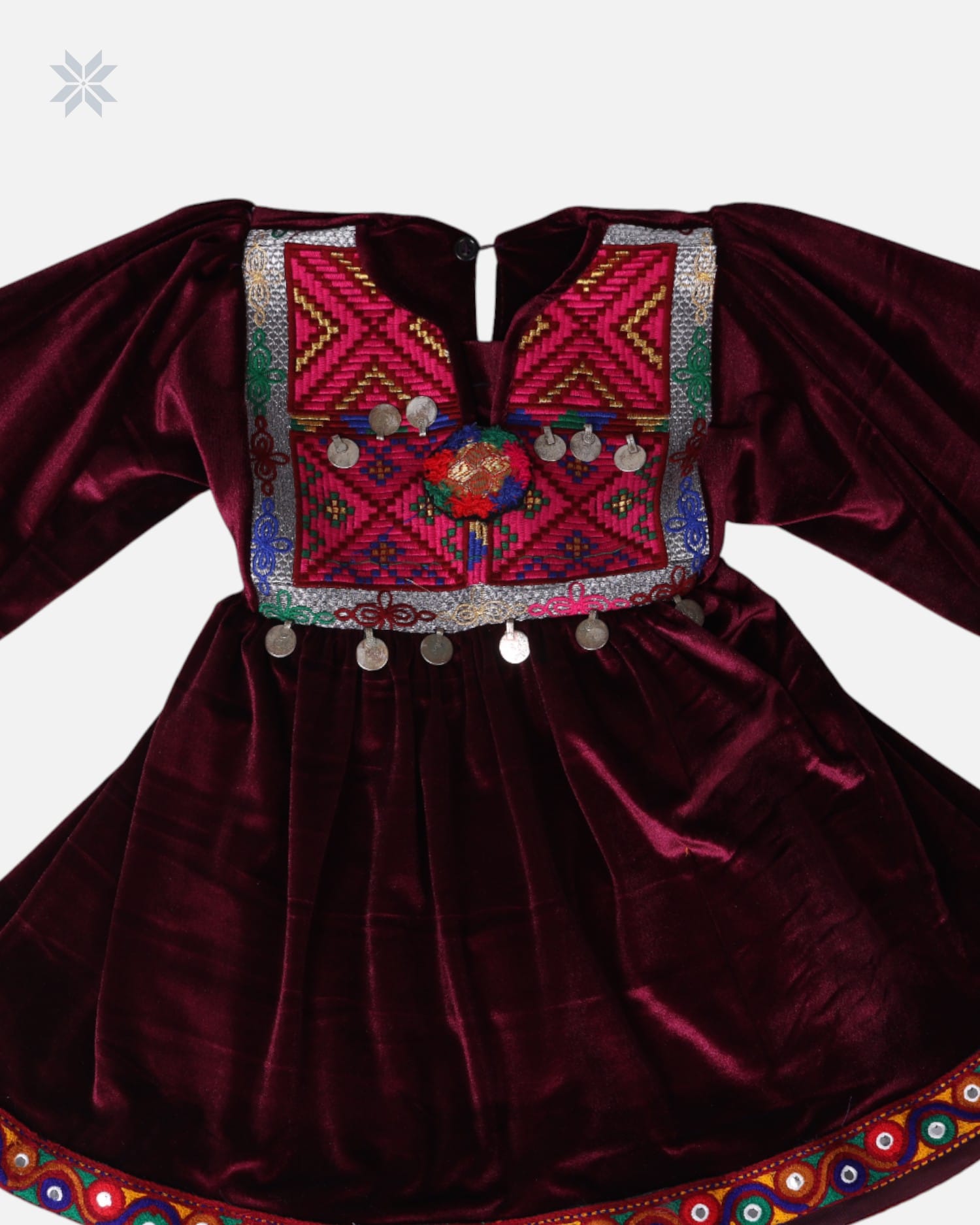Red Afghan Velvet Dress for Kids with Embroidery