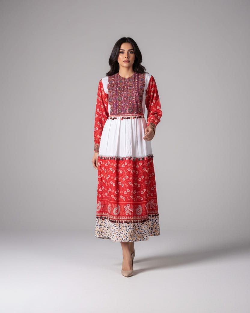 Afghani Two Tone Red and White Dress