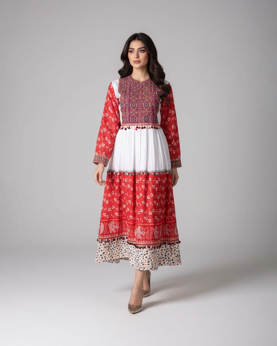 Afghani Two Tone Red and White Dress