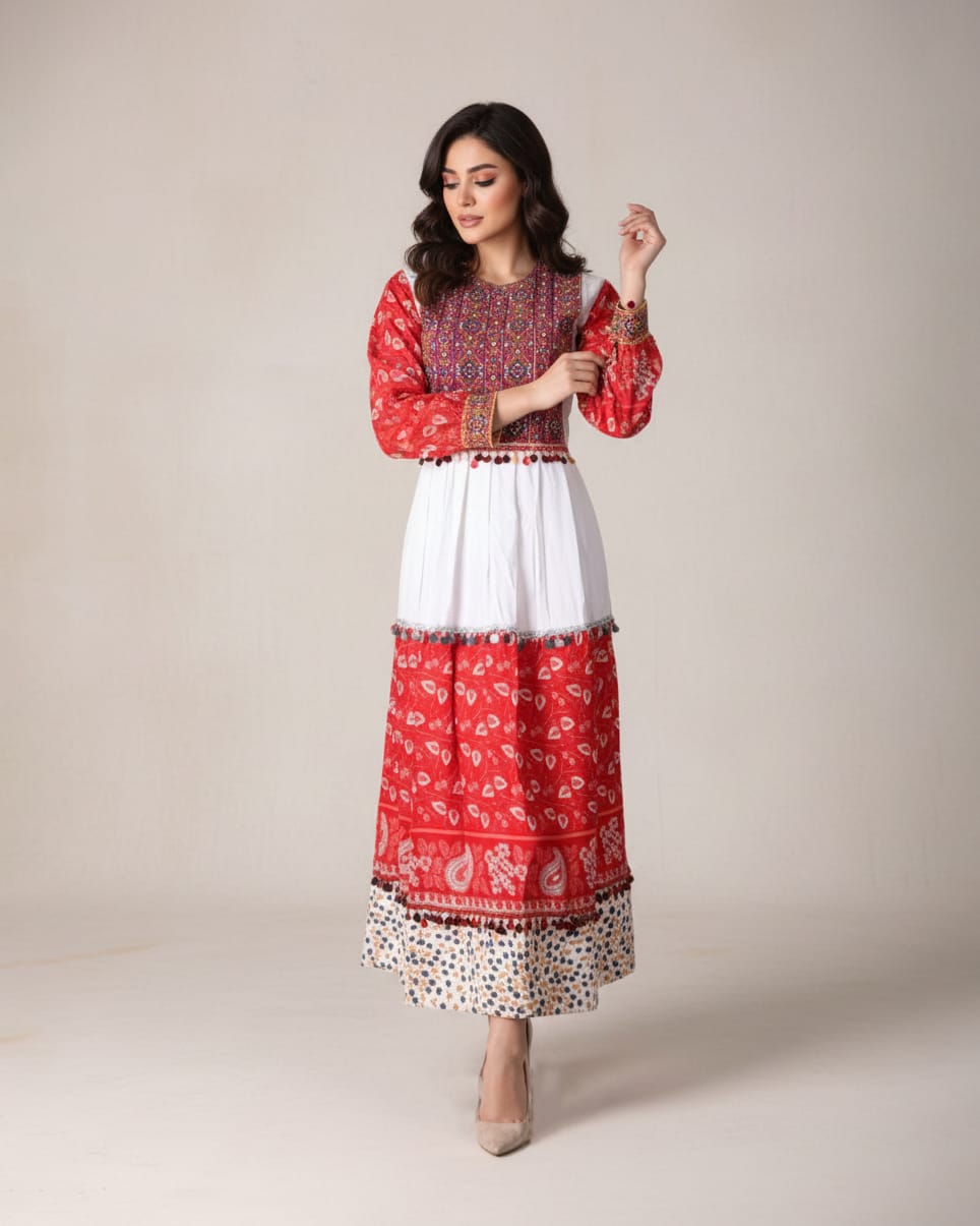 Afghani Two Tone Red and White Dress