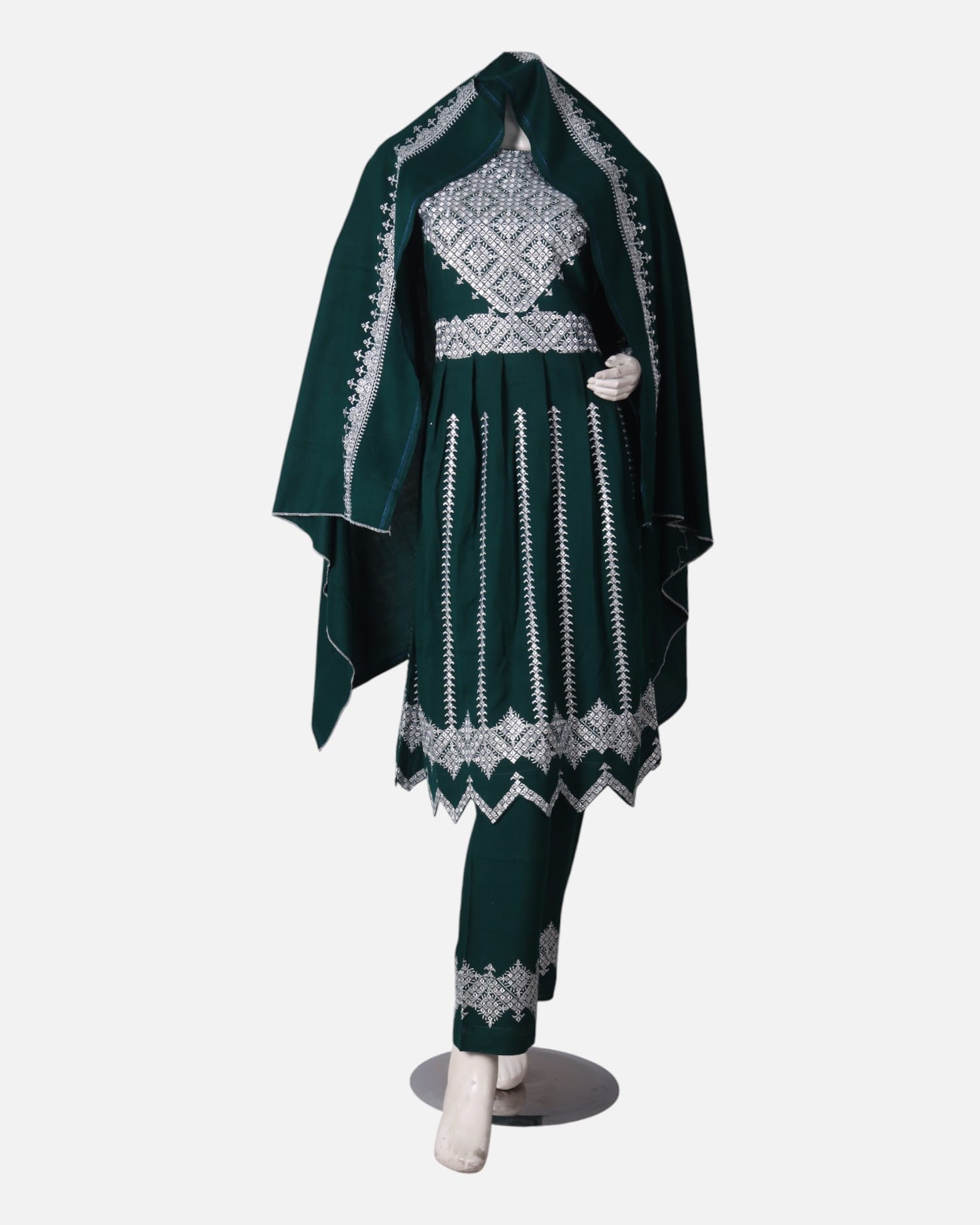Hazargi Traditional Outfit – Dark Green Embroidered Afghan Dress with Shawl