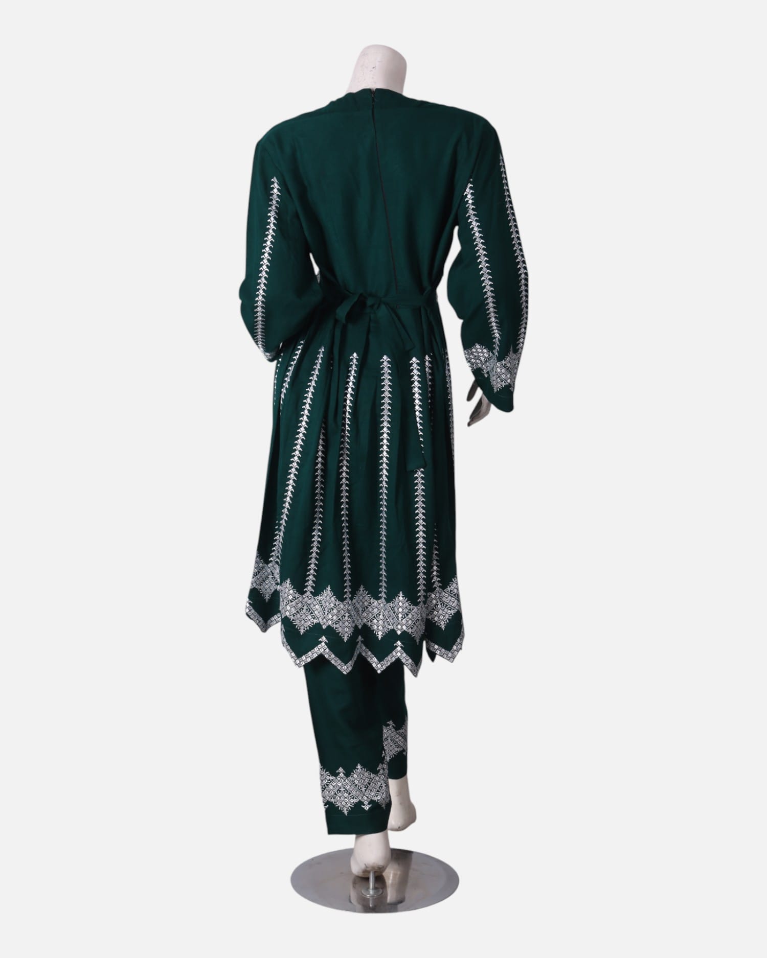 Hazargi Traditional Outfit – Dark Green Embroidered Afghan Dress with Shawl