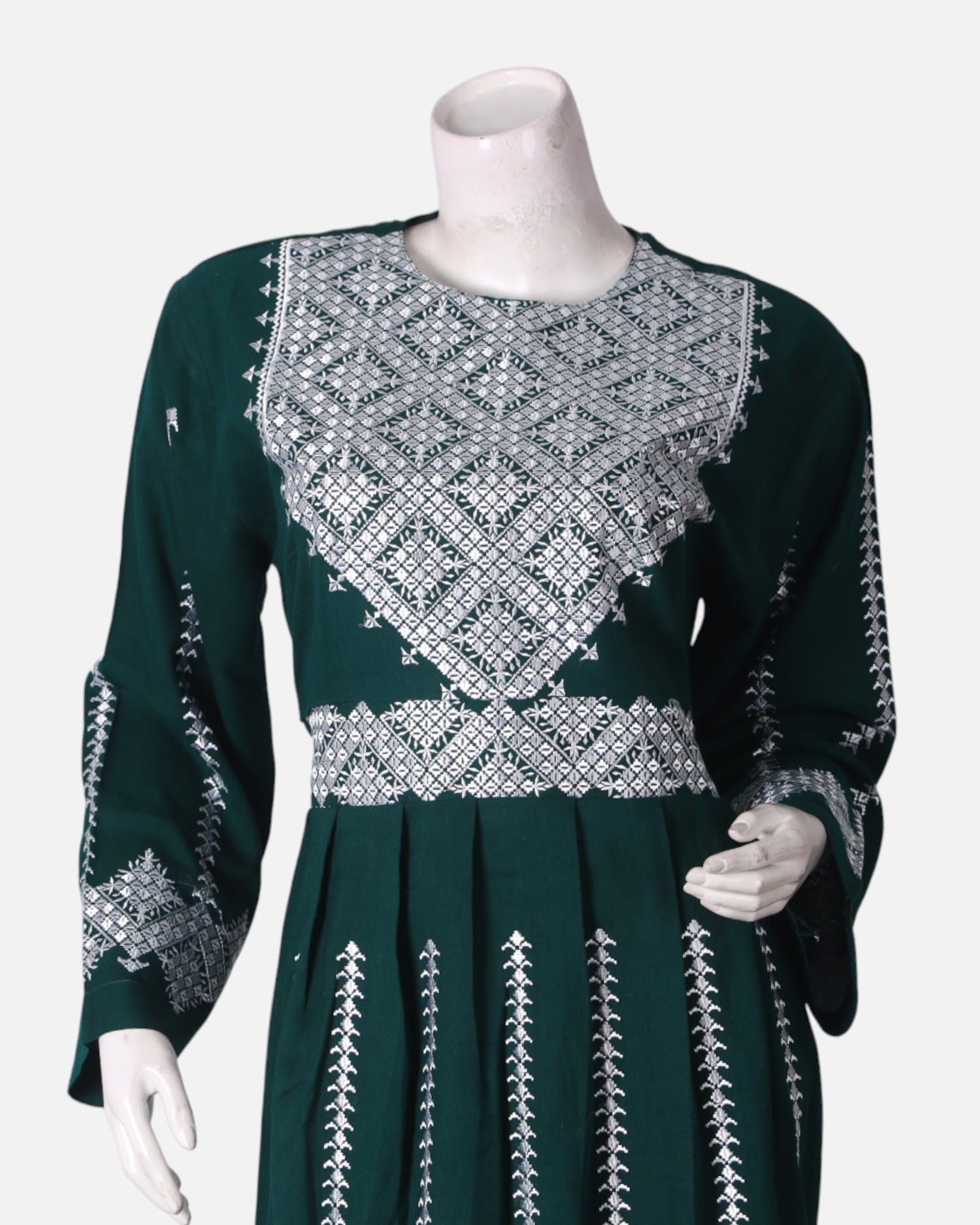 Hazargi Traditional Outfit – Dark Green Embroidered Afghan Dress with Shawl