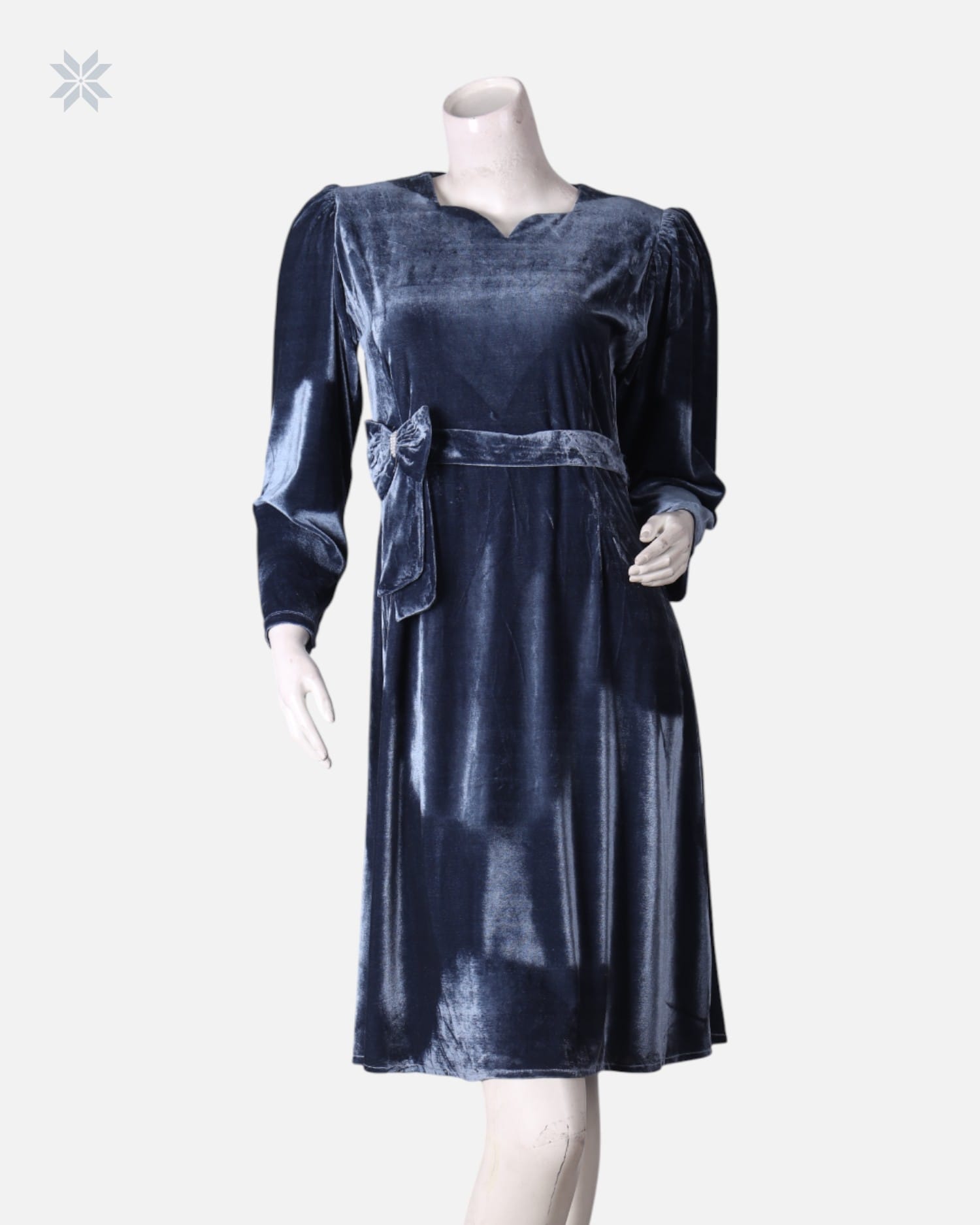 Afghani Velvet Dress in Deep Blue with Floral Embroidery