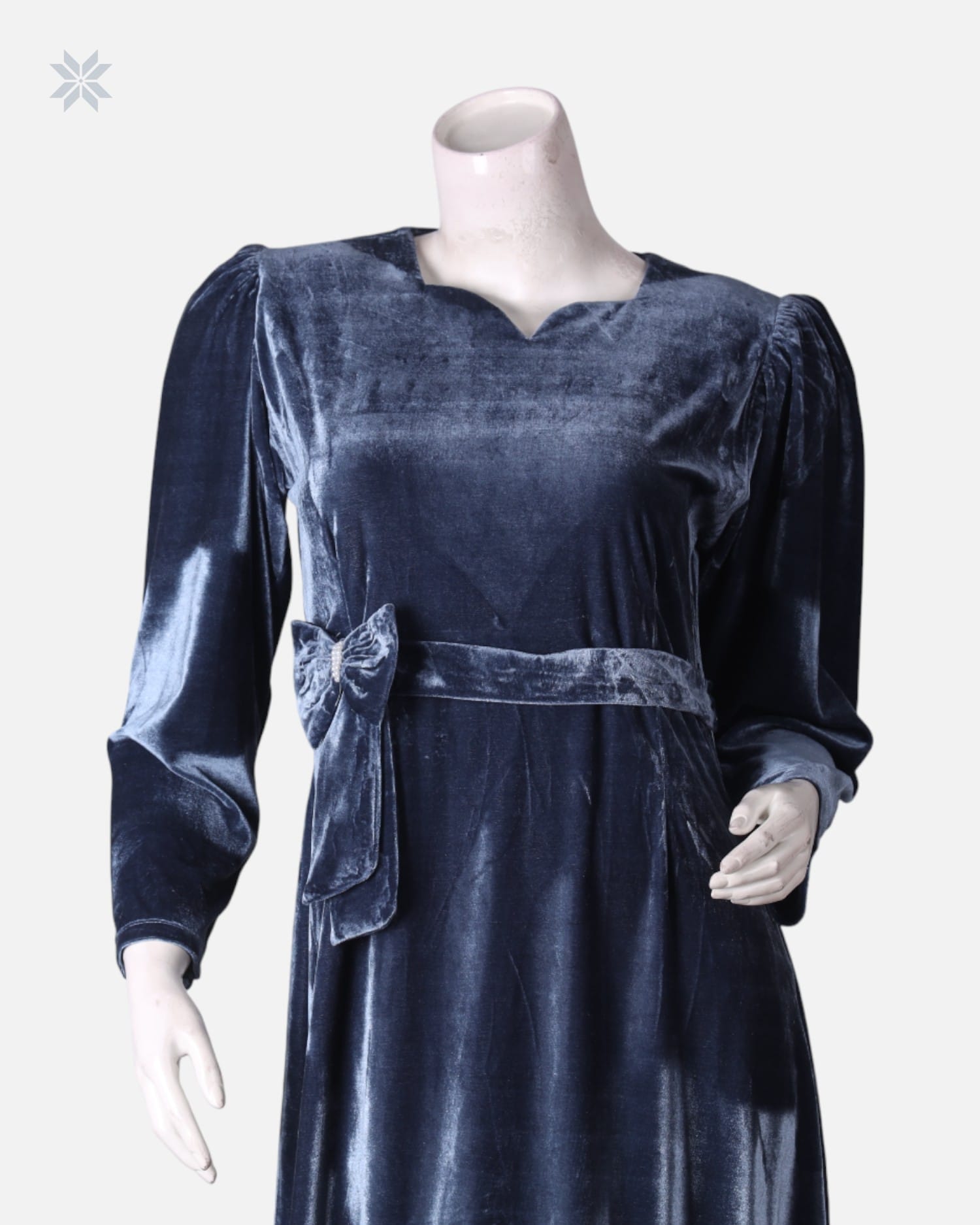 Afghani Velvet Dress in Deep Blue with Floral Embroidery