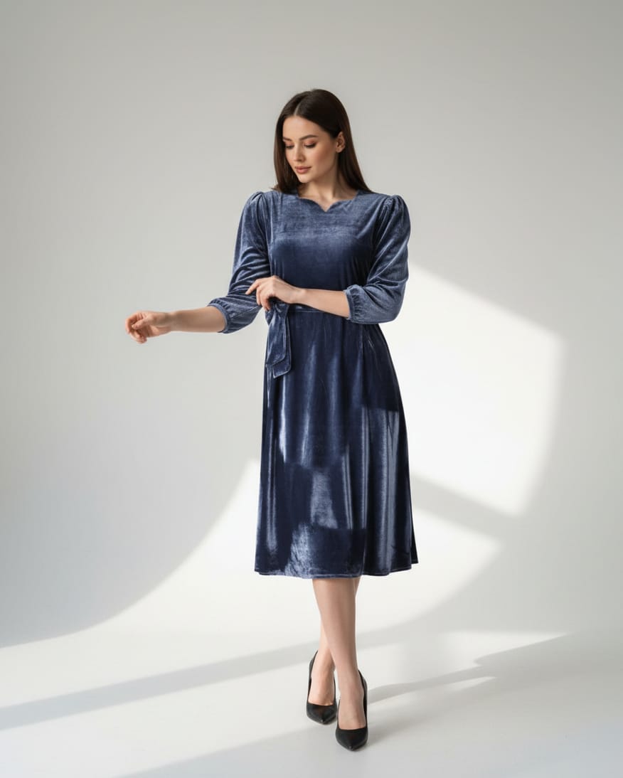 Afghani Velvet Dress in Deep Blue with Floral Embroidery