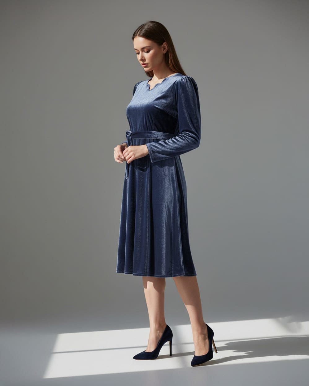 Afghani Velvet Dress in Deep Blue with Floral Embroidery
