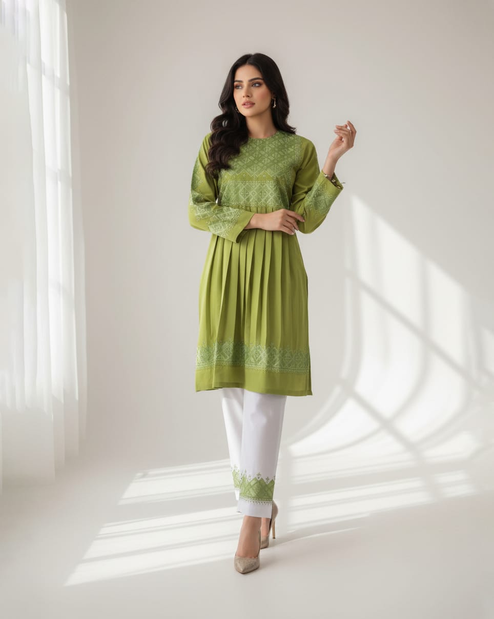 Light Green Pleated Dress with Matching Pants - Cloth Sizes Women: Medium