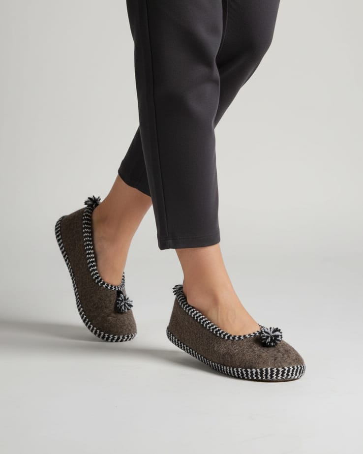 Woolen Slippers with Black and White Knitted Borders