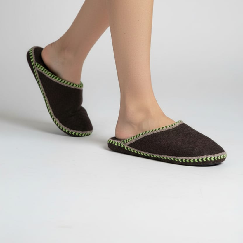 Woolen Slippers with Green and Black Knitted Borders