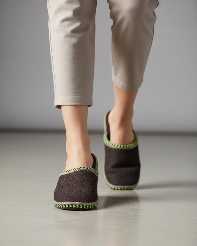 Woolen Slippers with Green and Black Knitted Borders