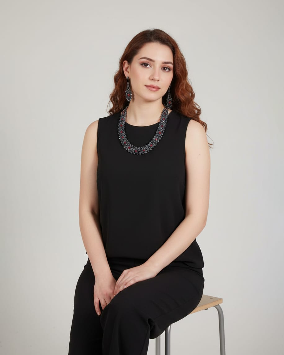 Red & Black Beaded Necklace and Earrings Set