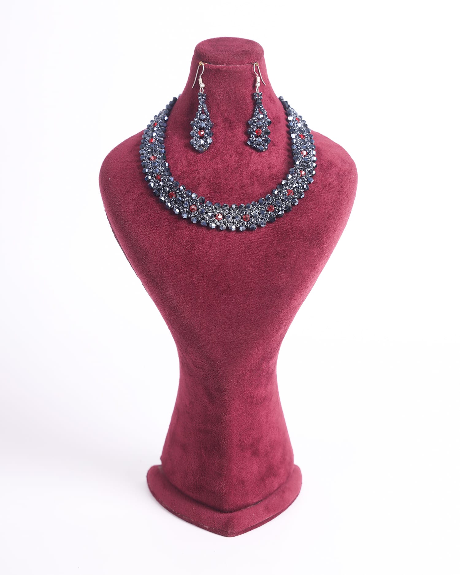 Red & Black Beaded Necklace and Earrings Set