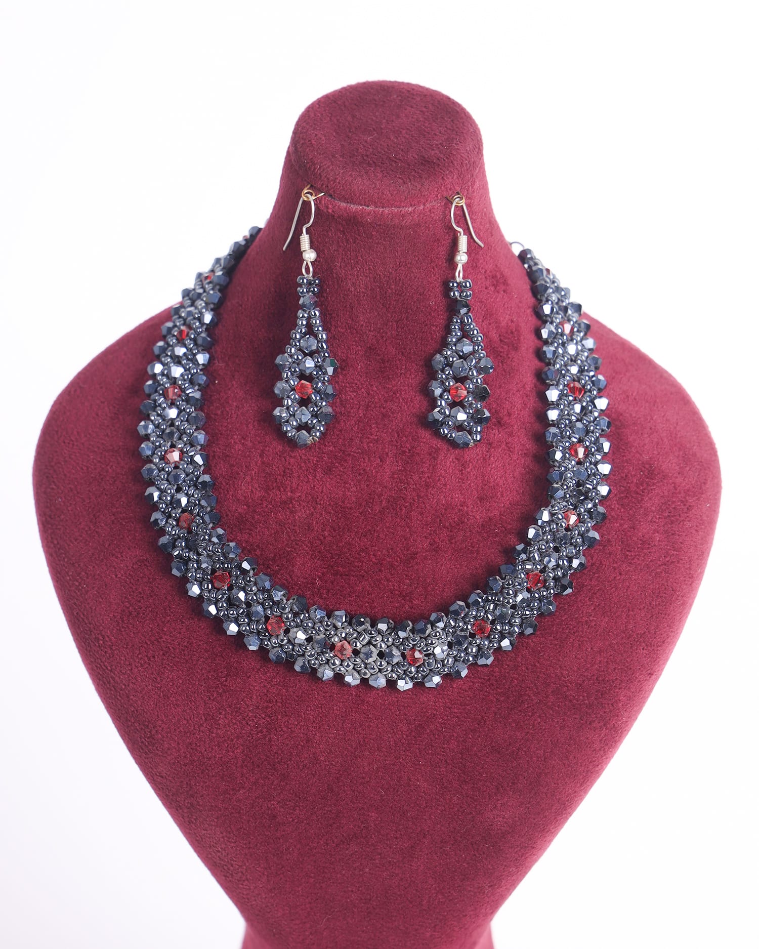 Red & Black Beaded Necklace and Earrings Set
