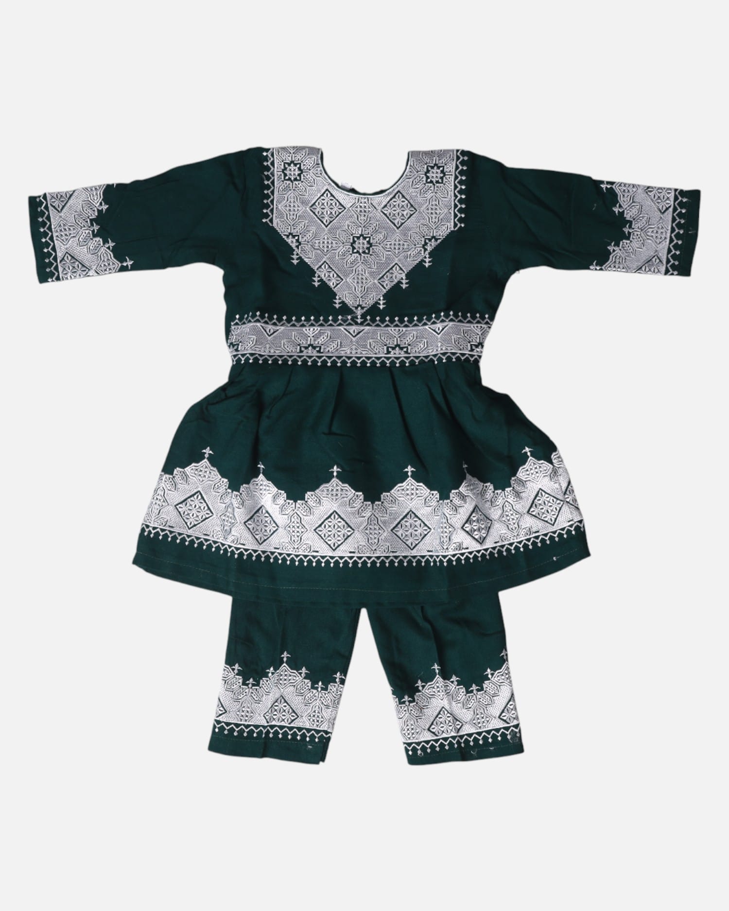 Traditional Afghan Children's Outfit – Green Embroidered Dress and Trousers