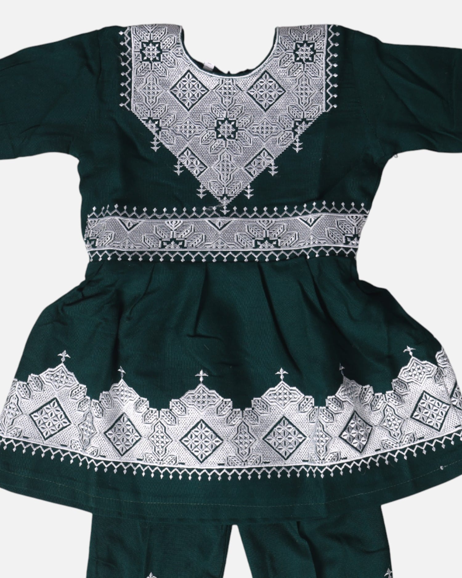 Traditional Afghan Children's Outfit – Green Embroidered Dress and Trousers