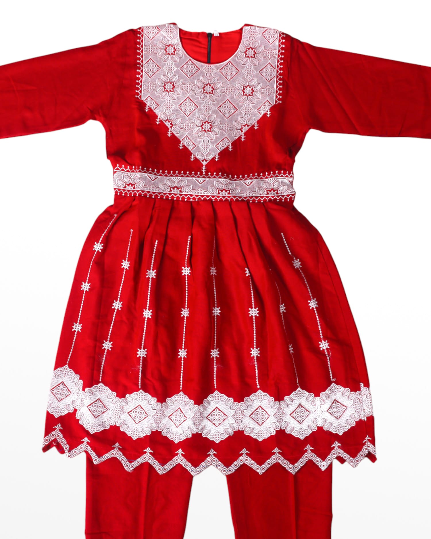 Traditional Afghan Children's Outfit – Red Embroidered Dress and Trousers