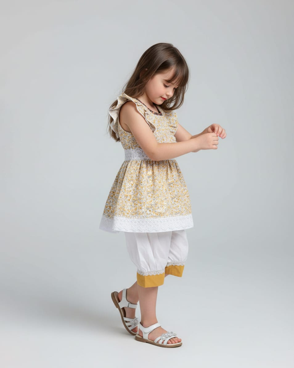 Yellow Floral Cotton Dress with White Lace and Matching Pants