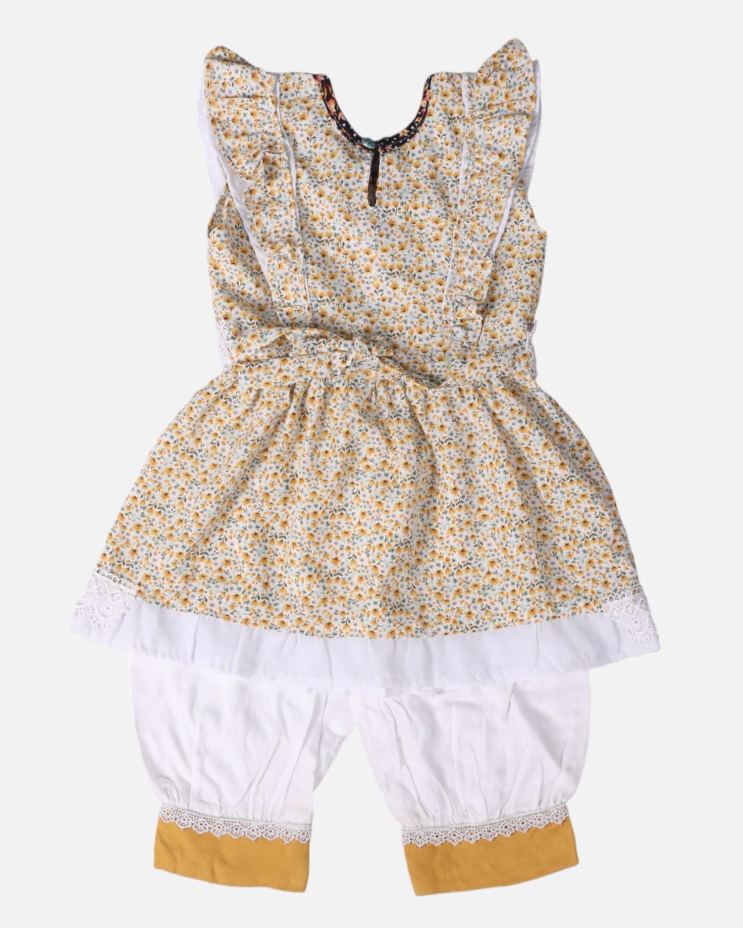 Yellow Floral Cotton Dress with White Lace and Matching Pants